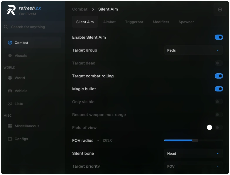 Silent aim controls in the refresh.cx FiveM toolkit